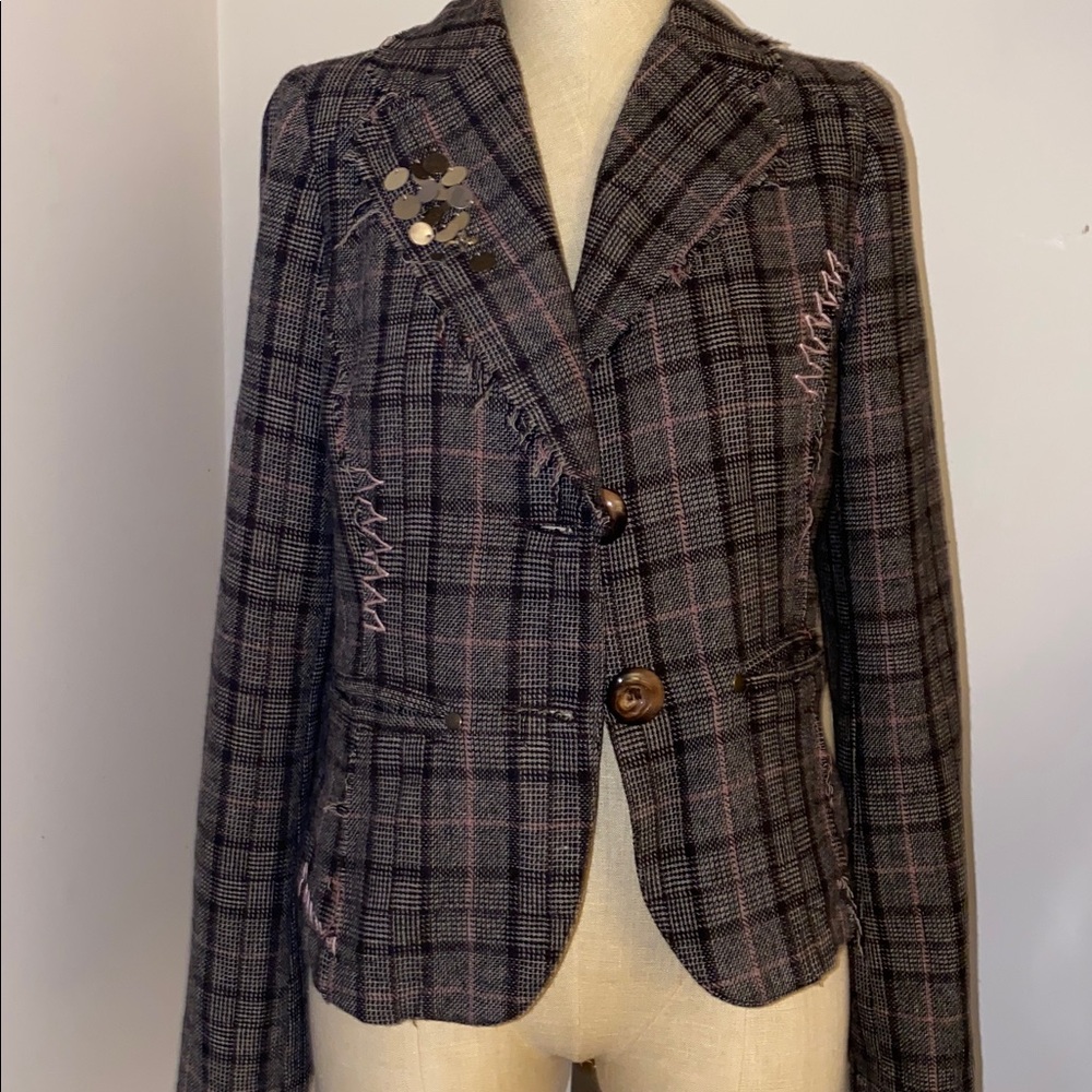 K/Lab Brown Plaid Blazer with Pink Stitching